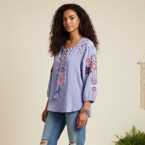 Threadz Embroidered Cotton Boho Blouse Artisan Folk Tie Neck Purple Size S